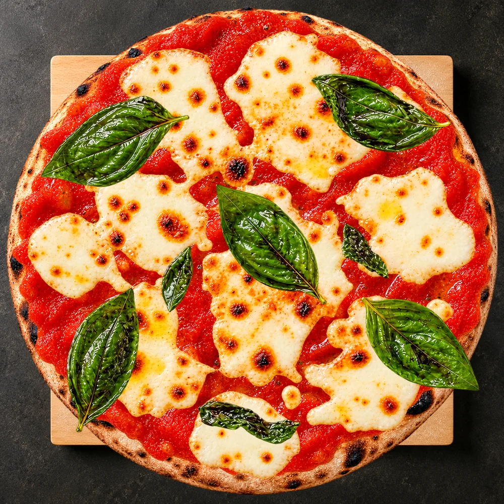 Pizza Margherita vista de cima, sobre tábua de madeira